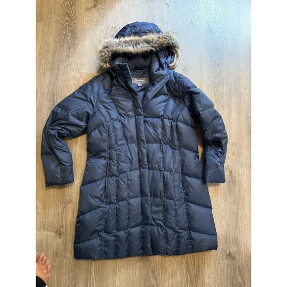 Eddie Bauer Hooded Parka Jacket Glacier Blue Good Down Womens Size 2XL XXL Fur - Picture 1 of 9